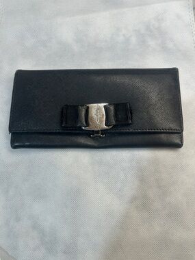 Salvatore Ferragamo Black Leather Bow-Trim Wallet with Silver Hardware